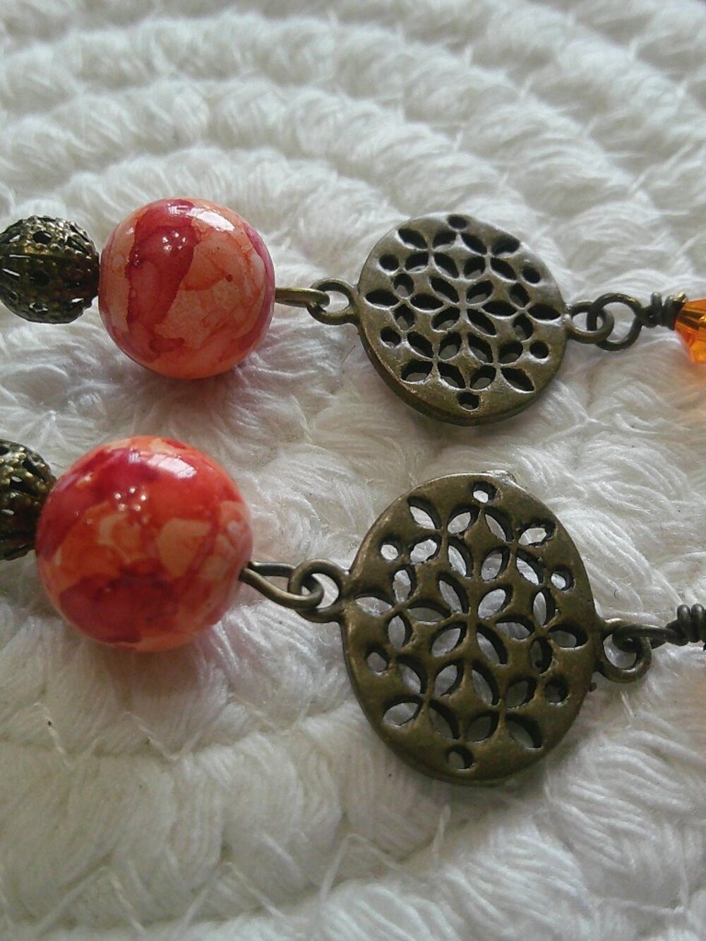 Rustic ORANGE MARBLE with CRYSTAL Handmade Antique Bronze Earrings #249F